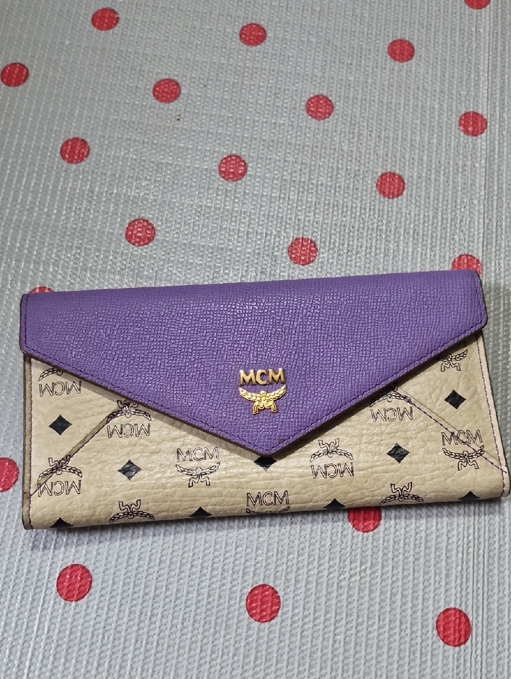 MCM Purple and Beige Love Letter Visetos Trifold Wallet